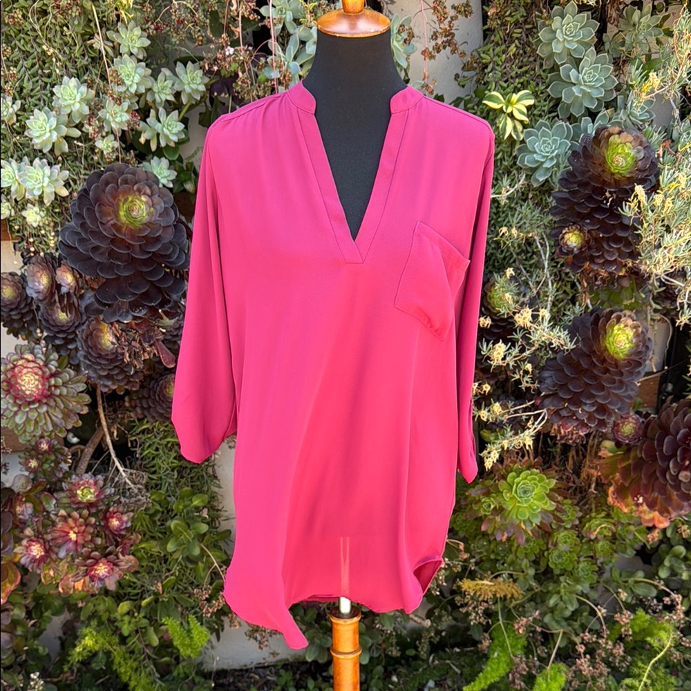 Lush Pink 3/4 Sleeve Pleated Blouse with Mandarin Collar